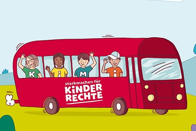 Zeichnung Roter Bus mit Aufschrift "Kinderrechte"