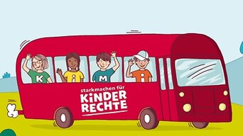 Zeichnung Roter Bus mit Aufschrift "Kinderrechte"